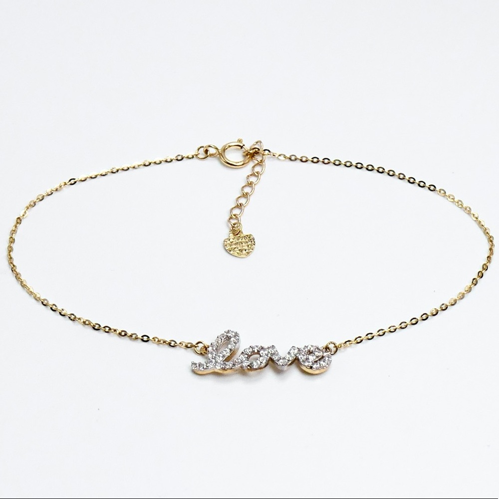 14K Yellow Gold 7"-8" Adjustable Love CZ Chain Bracelet 1g - New